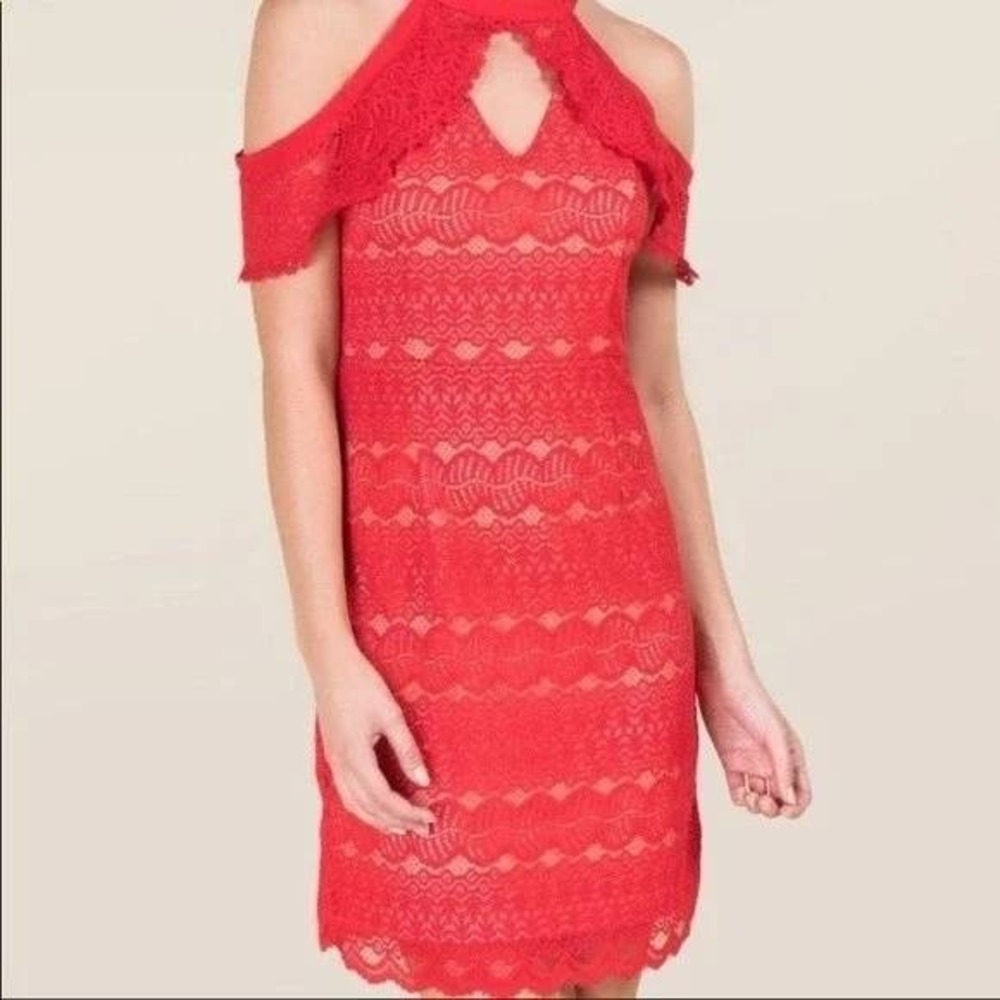 NWT Francescas Red Lace Cold Shoulder Cutout Back Bodycon Dress Women's Size S
